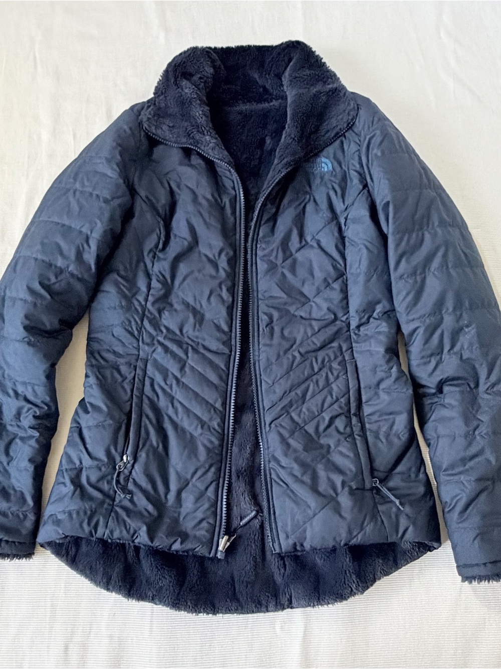 North Face Womens Jacket Reversible Faux Fur Longsleeve Navy XS